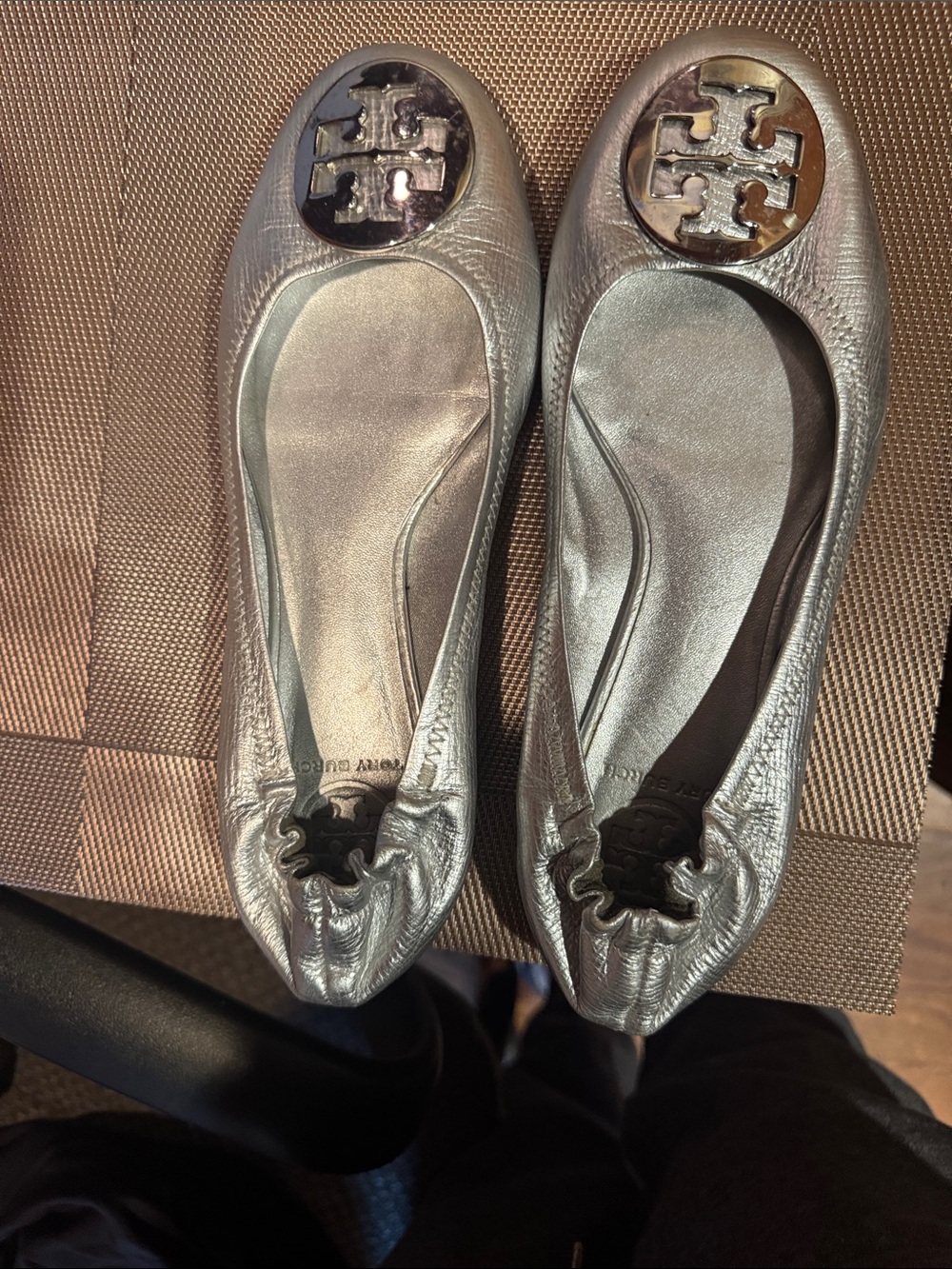 Tory Burch Silver Logo Round-Toe Ballet Flats